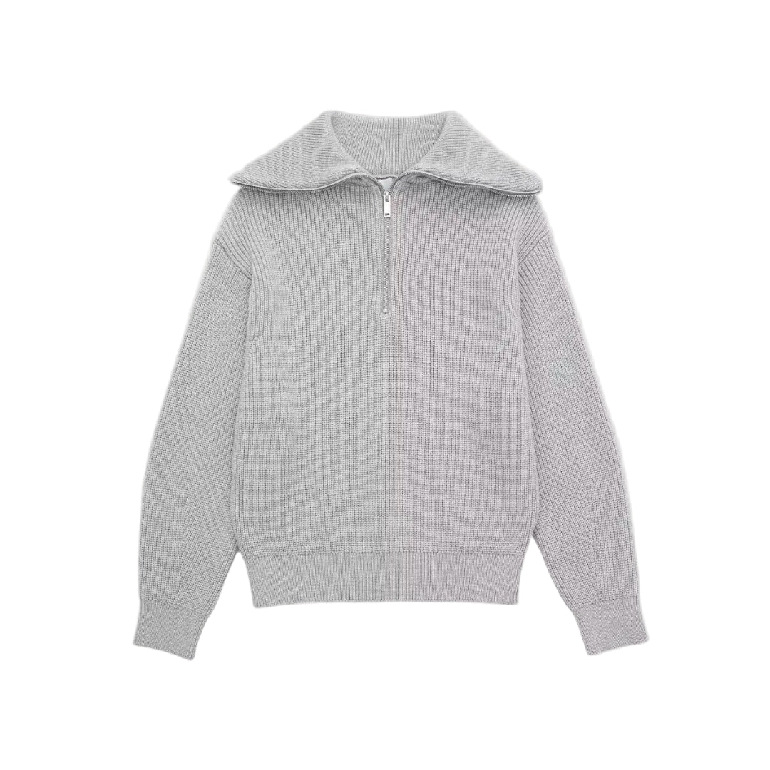 Dame Genser med Halv-Zipper Ribbet Stil 0