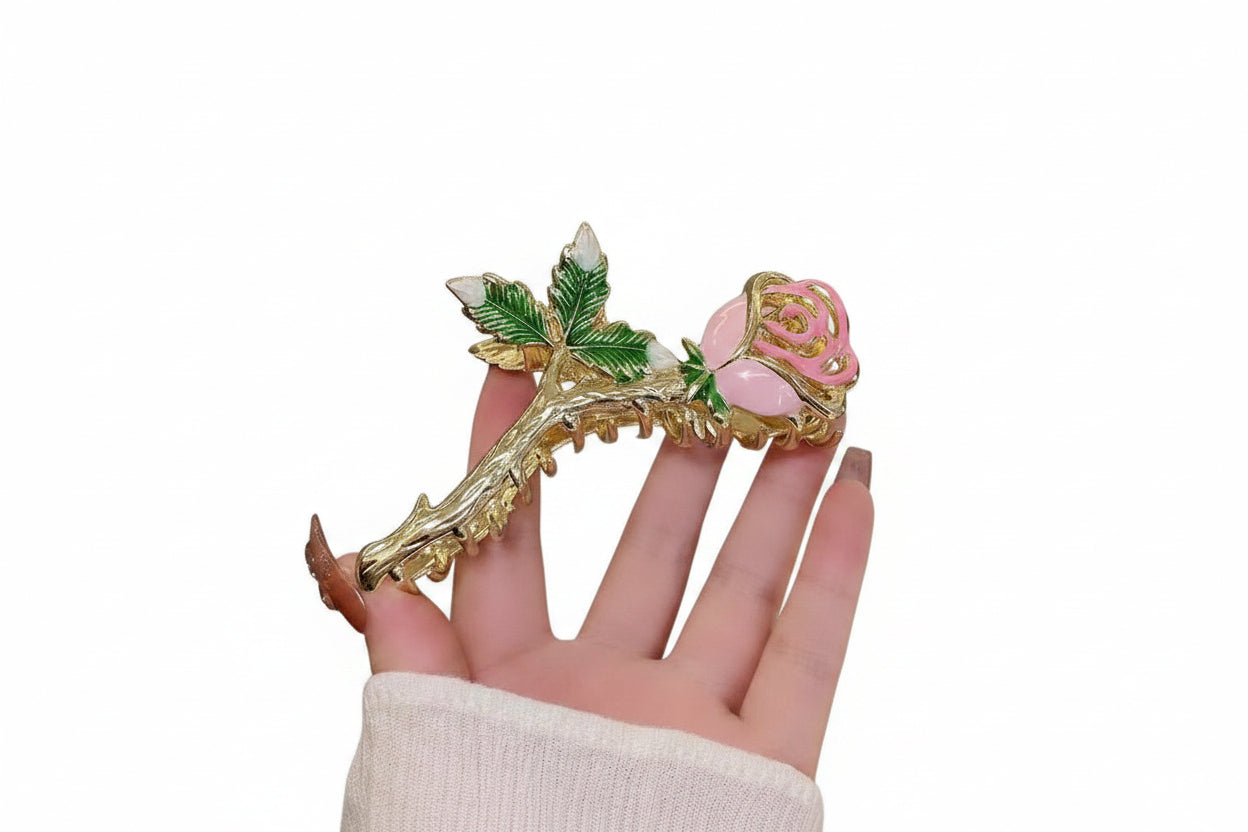 Dame Hårnål med Grønn Metall og Rose Design 0