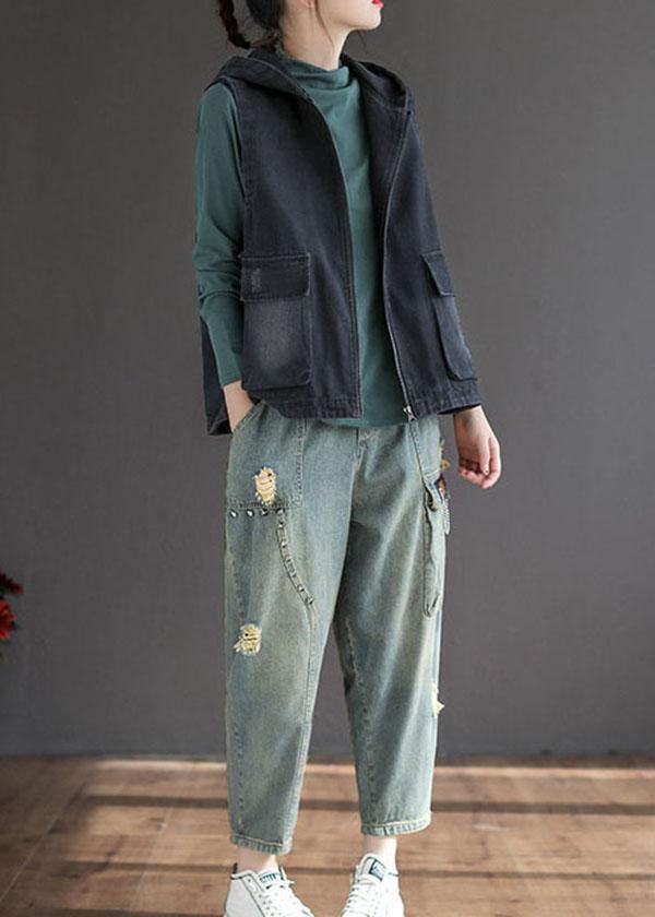 Dame Hette Vest i Svart Denim med Patchwork 2