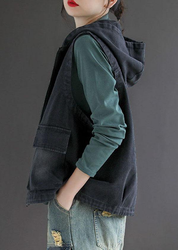 Dame Hette Vest i Svart Denim med Patchwork 3