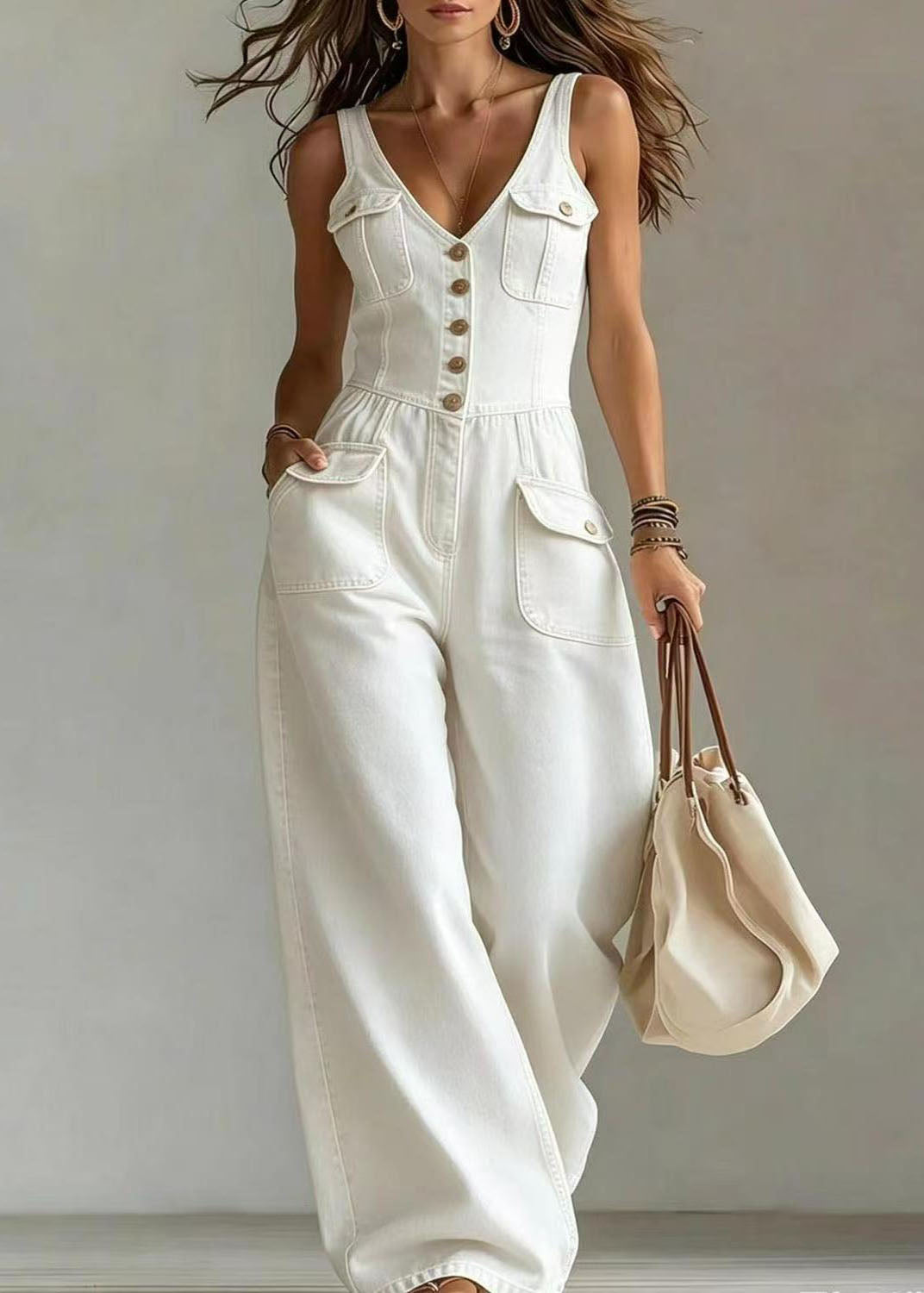 Dame Jumpsuit med Lommer og Rett Passform Bohemsk Stil 3