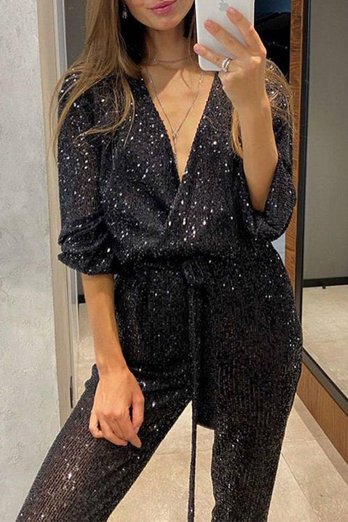 Dame Jumpsuit med Omslag V-hals og Paljett Detaljer 4