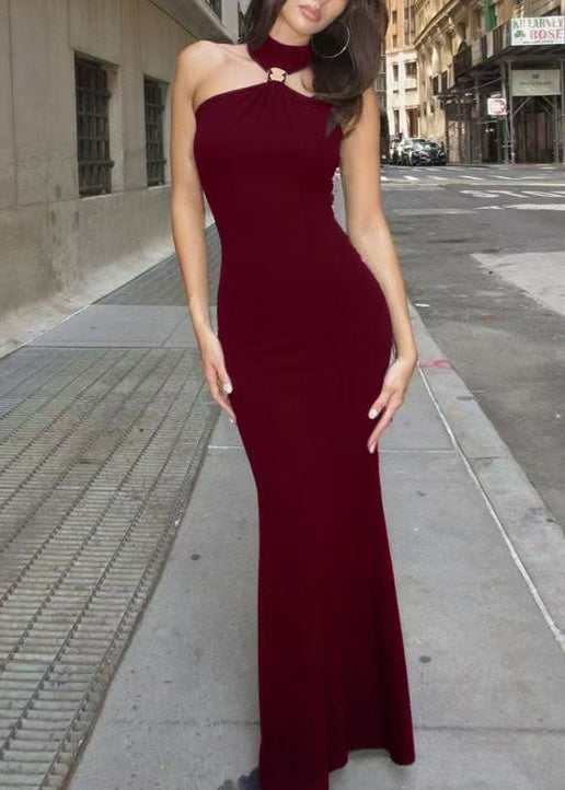 Dame Lang Kjole Boho Stil Med Kald Skulder og Rynket Passform 0