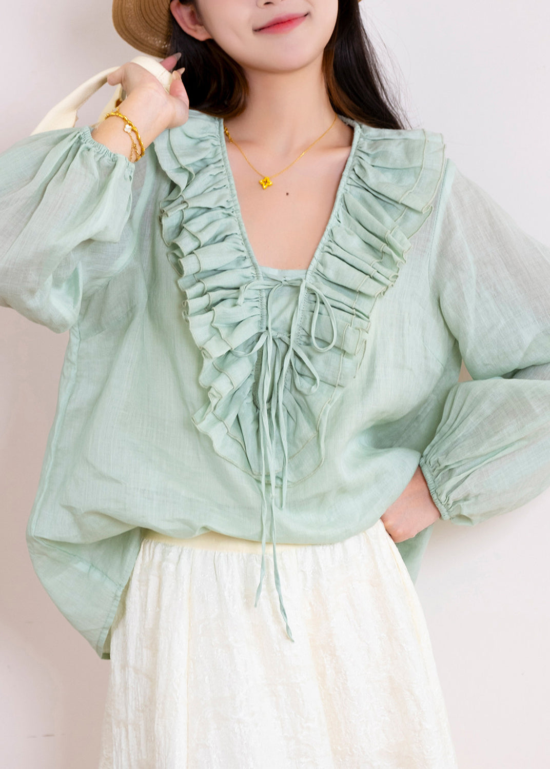Dame Langermet Bluse med Rysjer og Patchwork Design 1