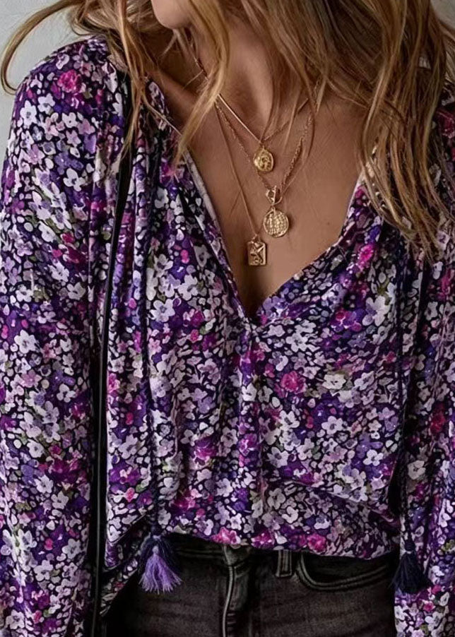 Dame Langermet Bluse med V-hals og Print 4