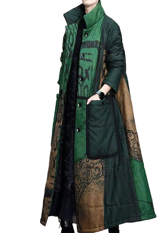 Dame Langermet Kåpe med Grønn Print og Lommer 0