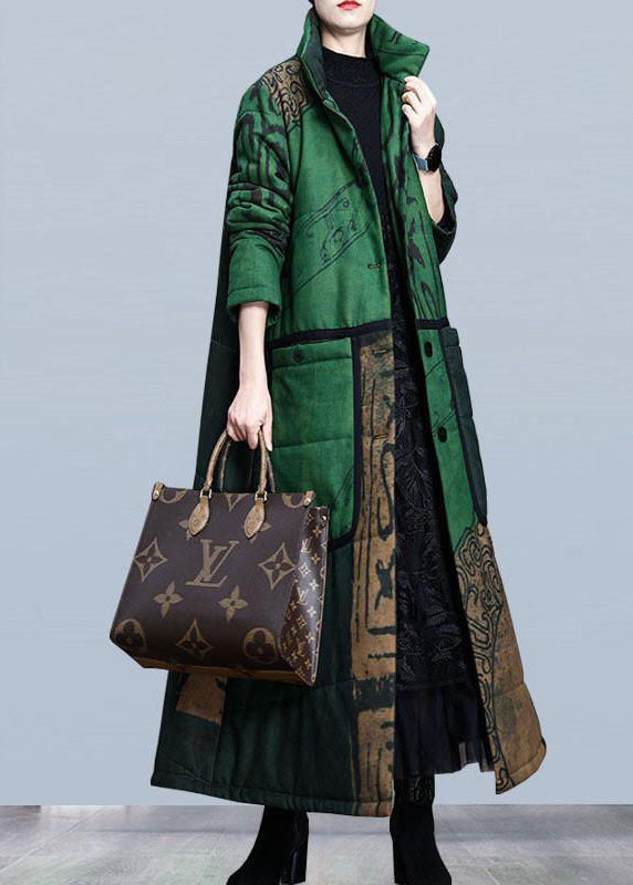 Dame Langermet Kåpe med Grønn Print og Lommer 1