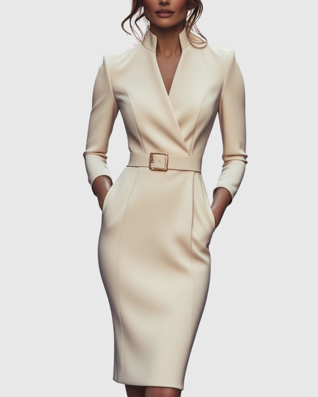 Dame Midi Kjole Med Mock Wrap Hals Elegant Blyantsilhuett 10