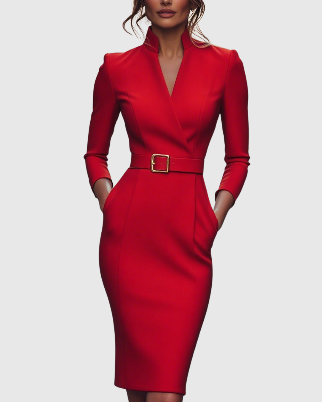 Dame Midi Kjole Med Mock Wrap Hals Elegant Blyantsilhuett 11