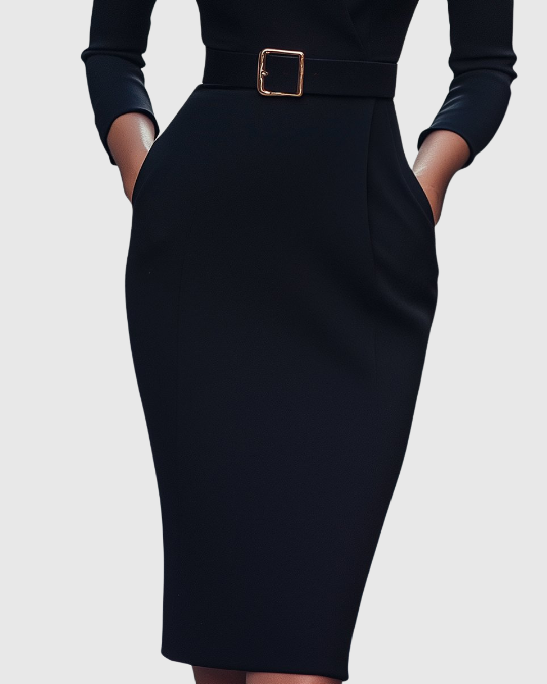 Dame Midi Kjole Med Mock Wrap Hals Elegant Blyantsilhuett 3