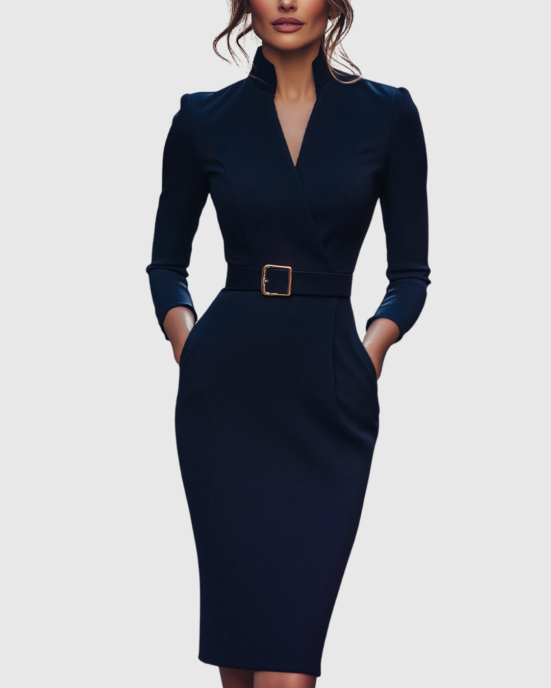 Dame Midi Kjole Med Mock Wrap Hals Elegant Blyantsilhuett 7