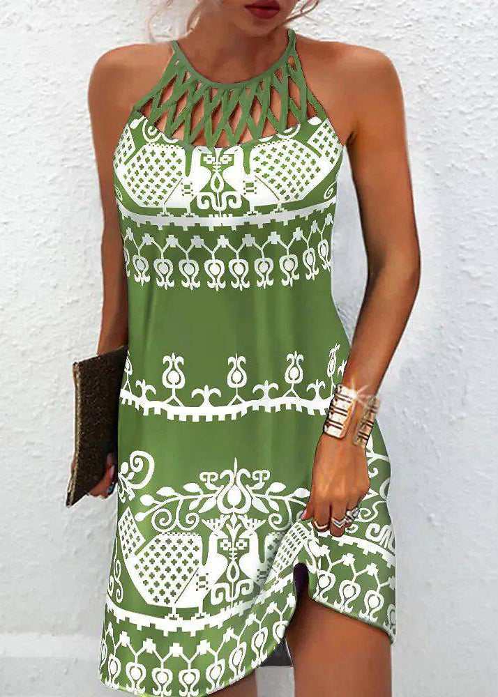 Dame Midikjole Bohemsk Halter Med Print og Utskåret Design 4