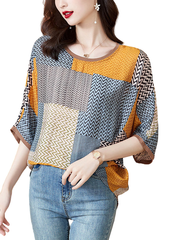 Dame O-hals Topp med Print og Patchwork 0