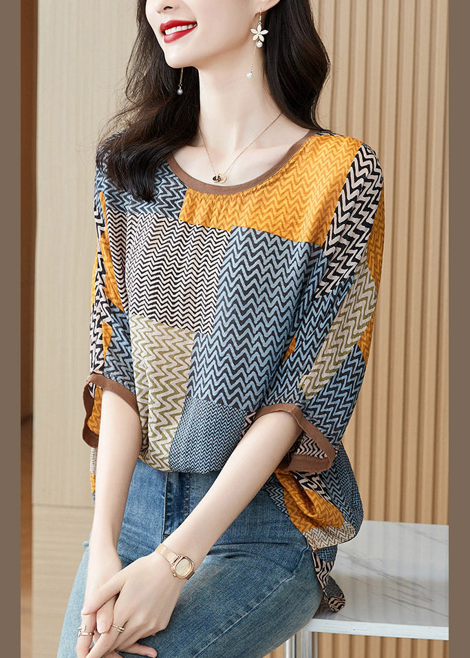 Dame O-hals Topp med Print og Patchwork 1