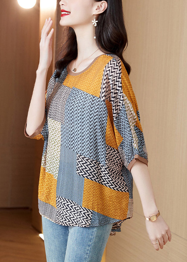 Dame O-hals Topp med Print og Patchwork 2