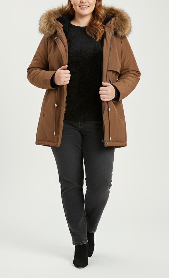 Dame Parkas med Justerbar Midje og Fuskepels Hette 2