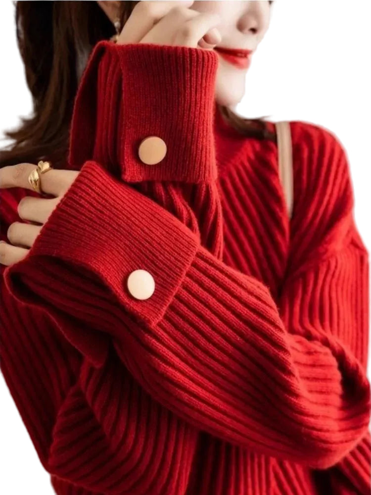 Dame Pullover Høy Hals Ribbestrikket Design 0