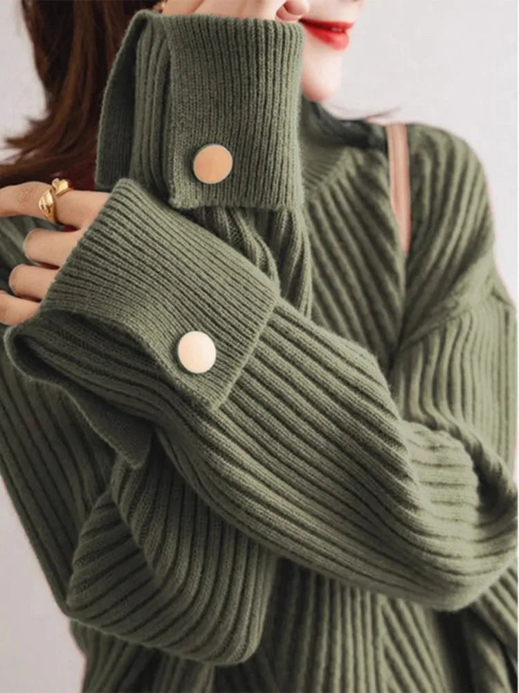 Dame Pullover Høy Hals Ribbestrikket Design 6