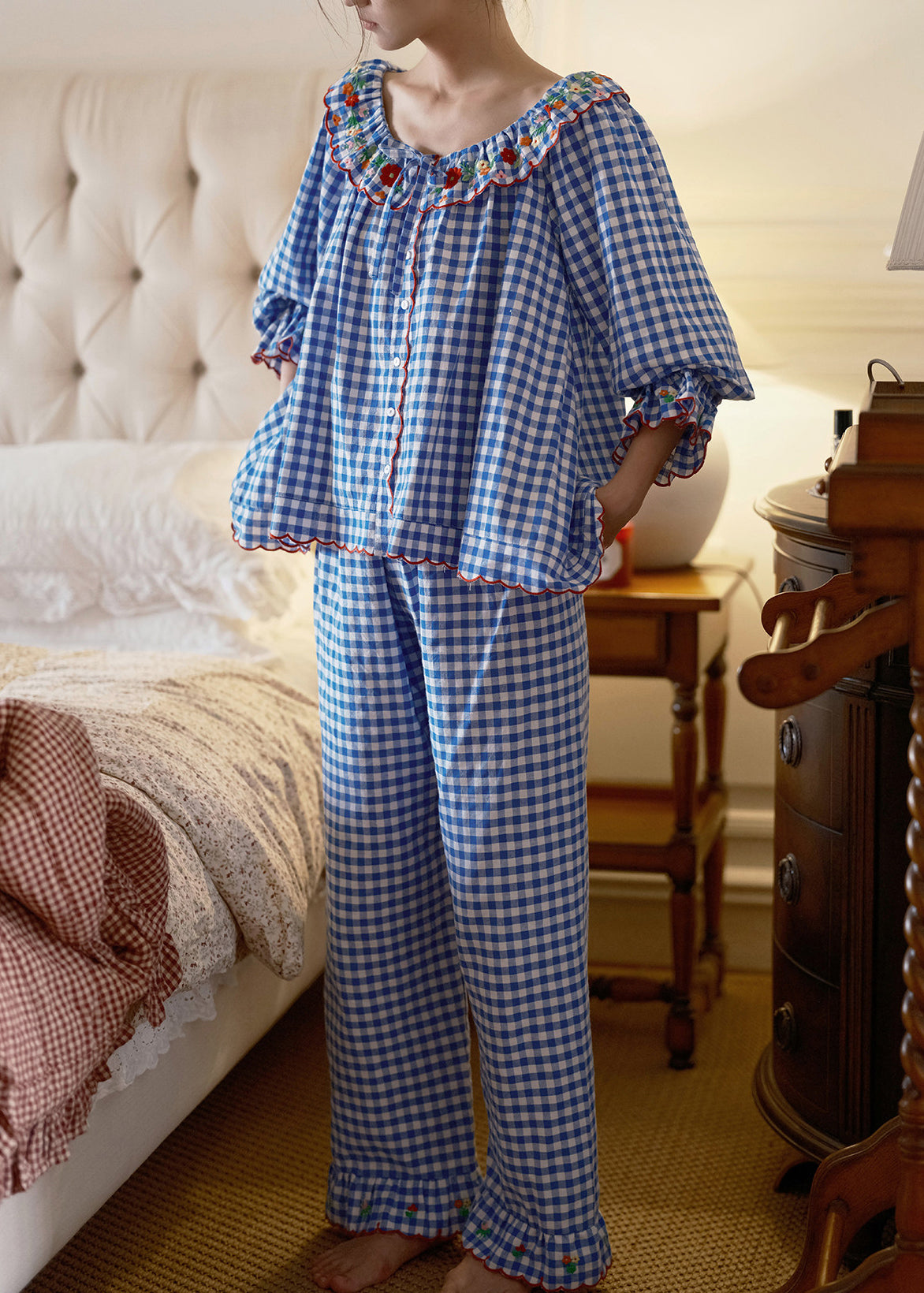 Dame Pyjamasett Langermet Vintage Rutemønster 1
