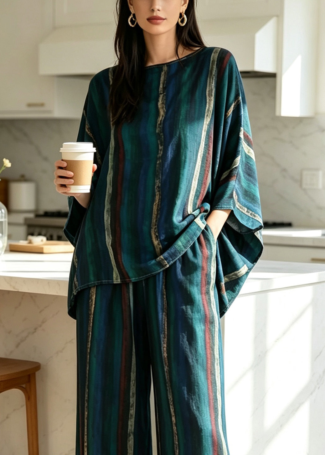 Dame Pyjamasett med Batwing Ermer og O-hals 4