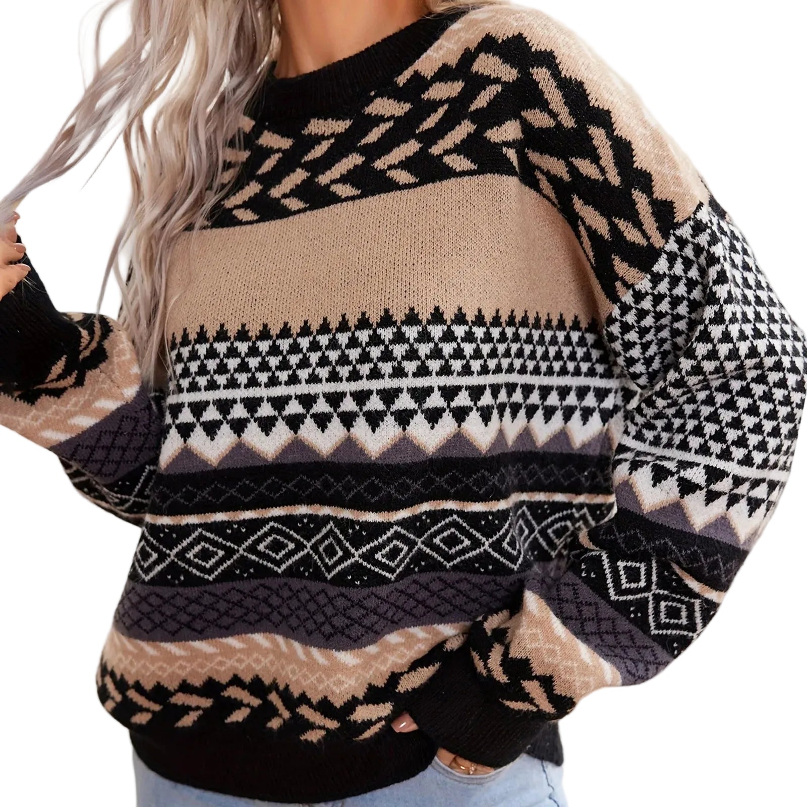 Dame Retro Strikket Pullover med Kontrast 0