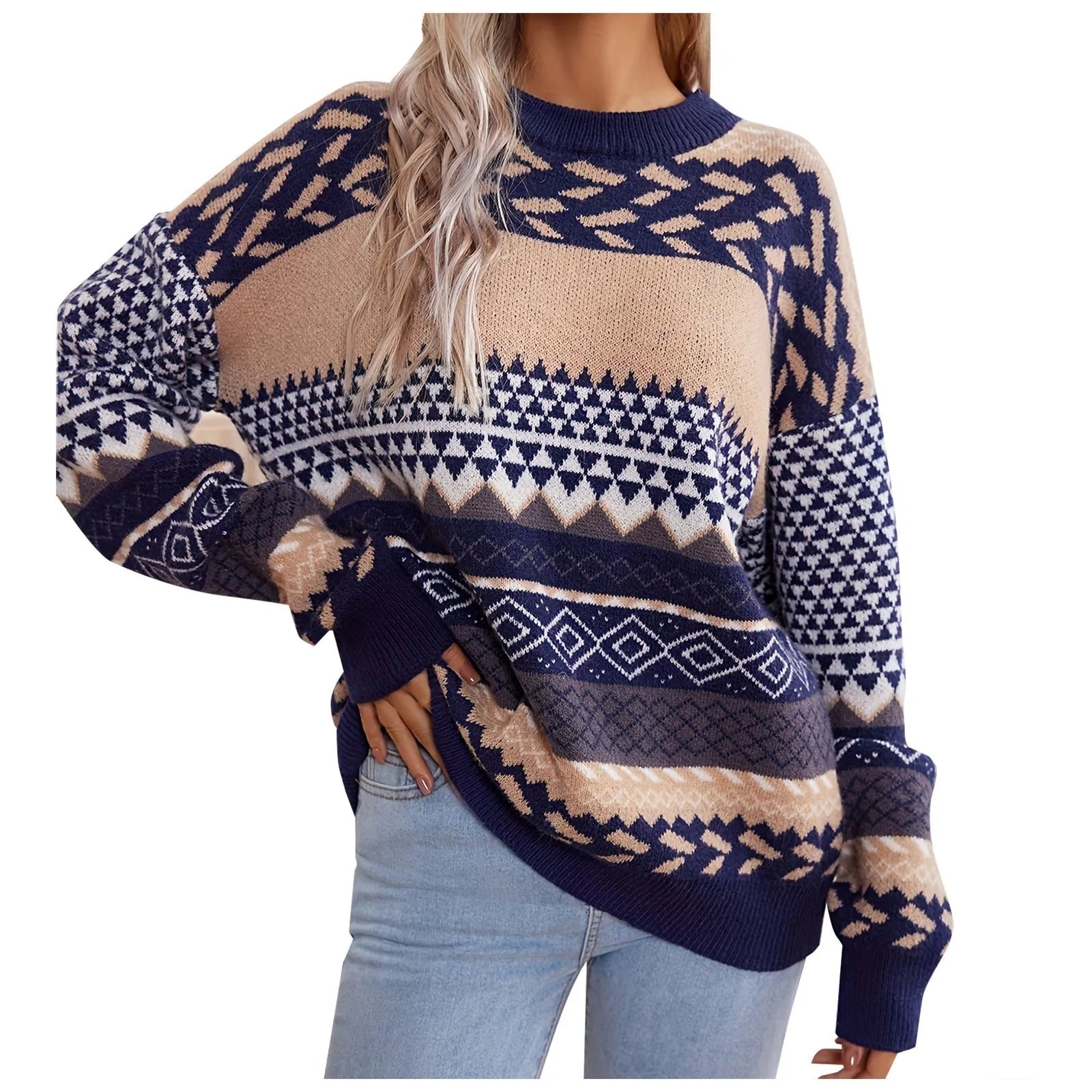 Dame Retro Strikket Pullover med Kontrast 3