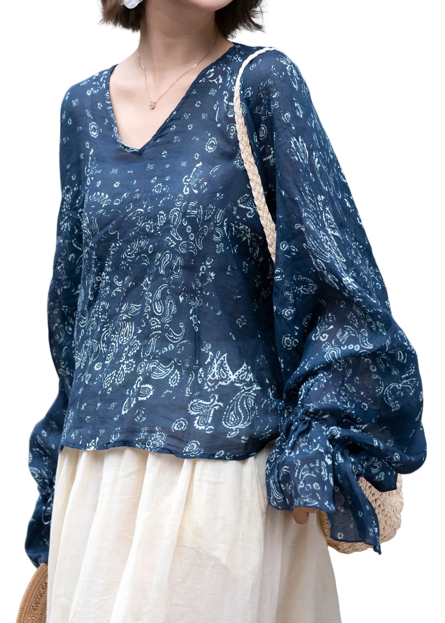 Dame Skjorte V-hals med Snøring i Kinesisk Stil 1