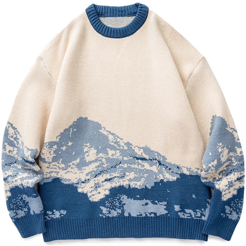 Dame Strikka Genser Oversize Med Unikt Fjellandskapsdesign 0
