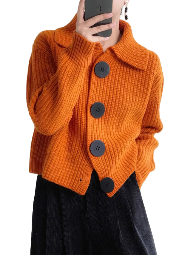 Dame Strikket Cardigan med Peter Pan Krage i Orange 0