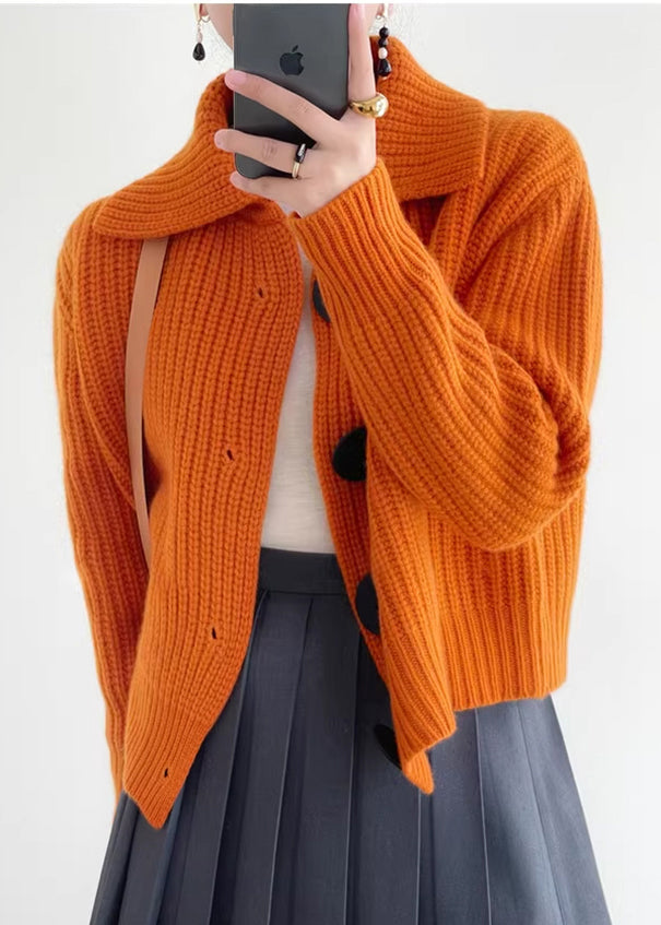 Dame Strikket Cardigan med Peter Pan Krage i Orange 2