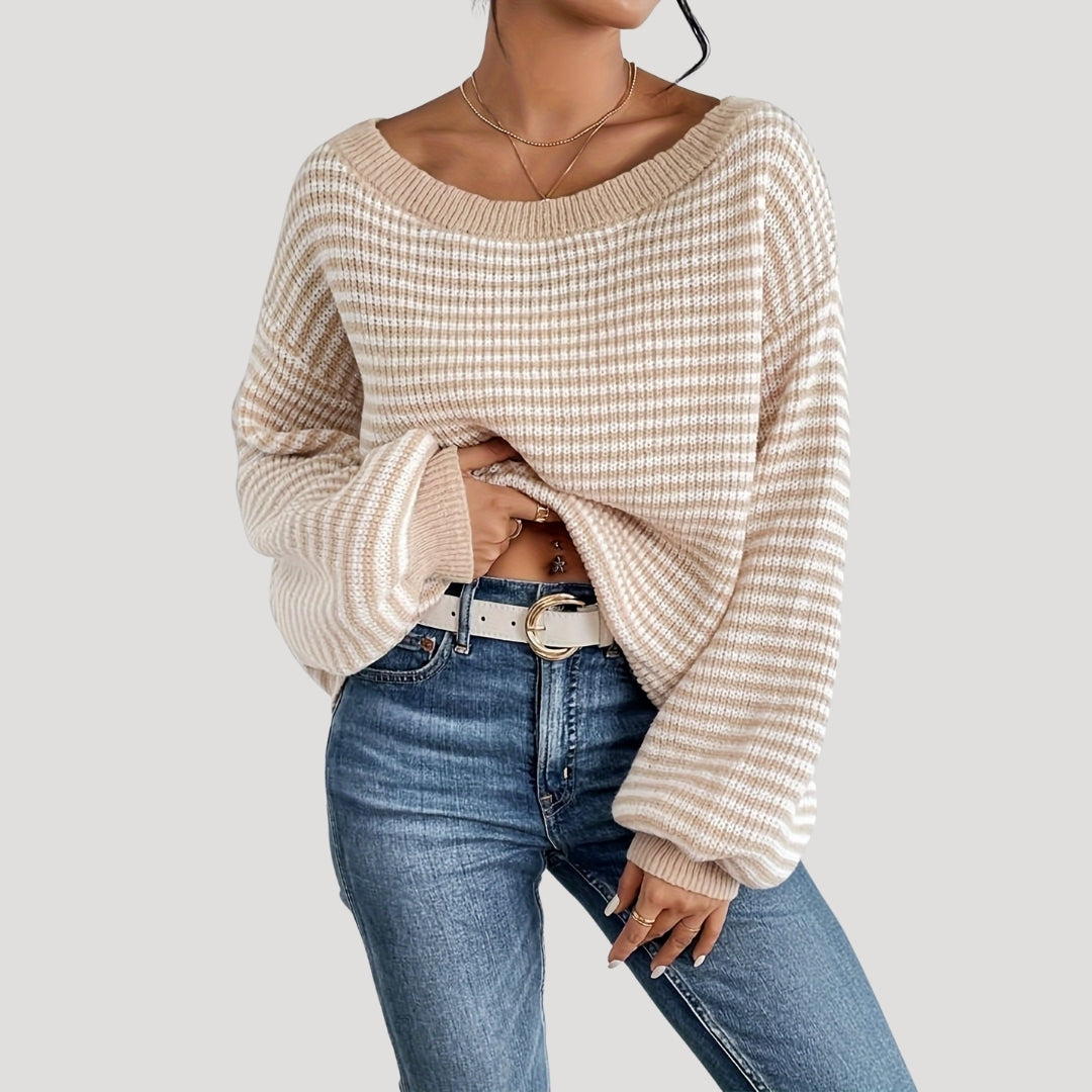 Dame Strikket Genser Med Stripete Design 1
