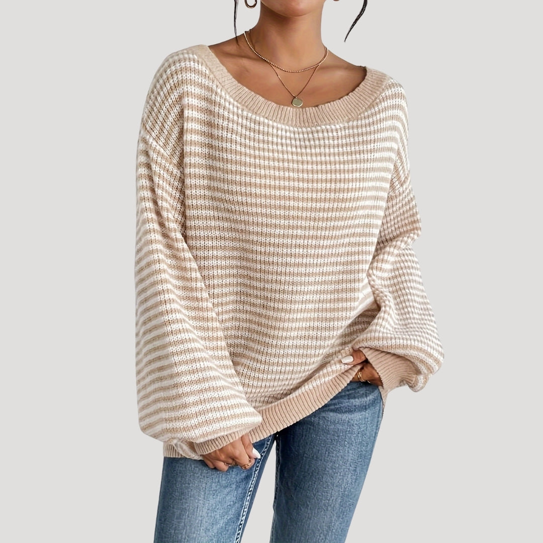 Dame Strikket Genser Med Stripete Design 3