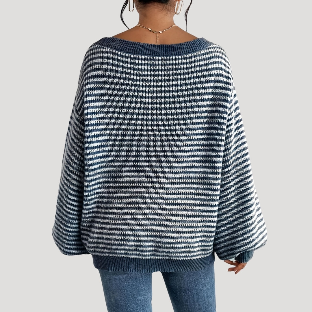 Dame Strikket Genser Med Stripete Design 7