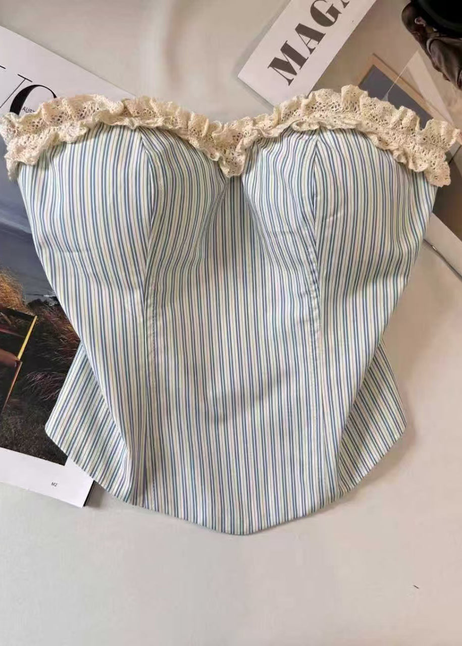 Dame Stroppeløs Topp med Rysjer og Stripemønster 0