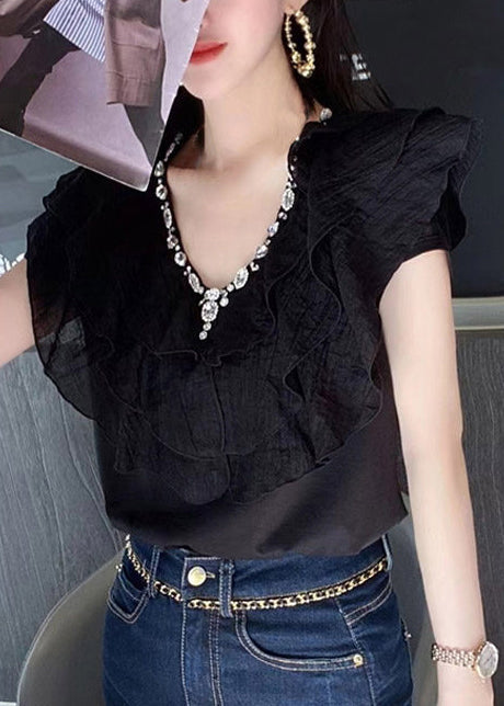 Dame T Skjorte med Volanger og Rhinestones Elegant Design 4