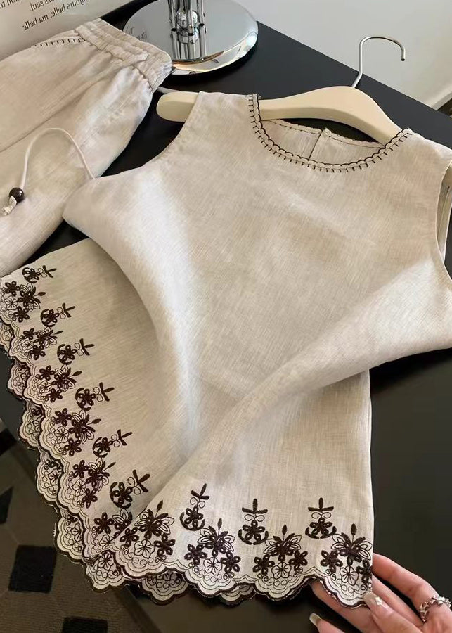 Dame To-delt Sett med O-hals og Broderi 2