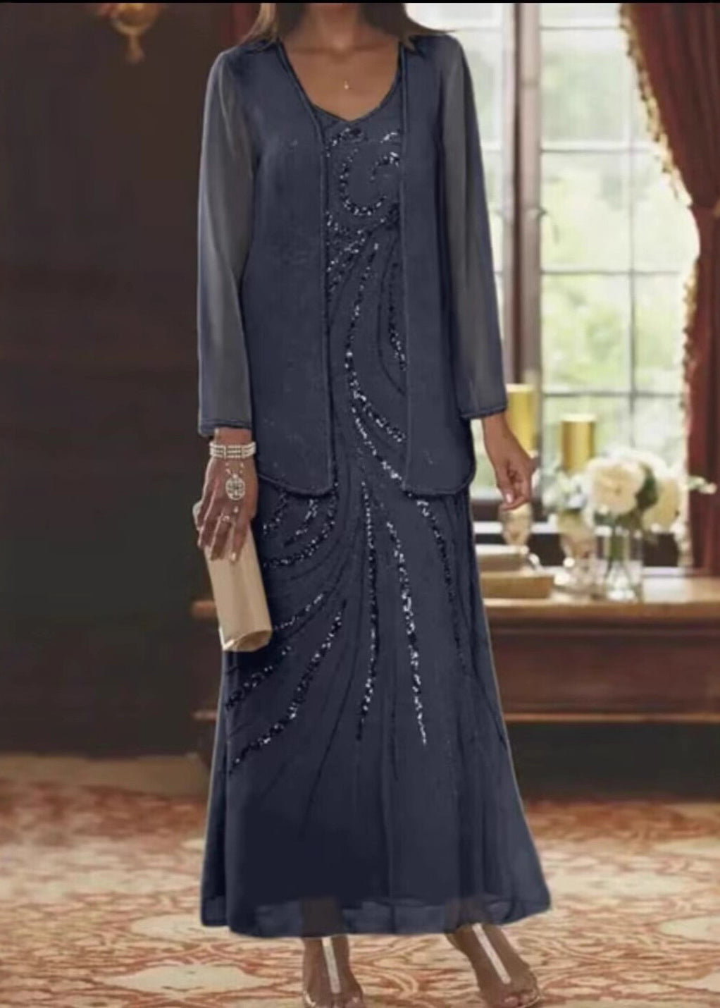 Dame Todelt Dresssett med V-hals og Paljetter 3