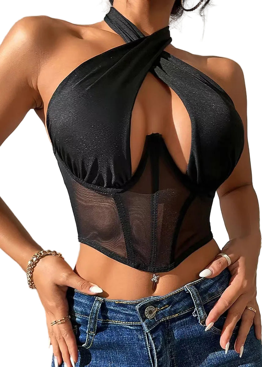 Dame Topp Halter Cut Out Patchwork Tyll 0