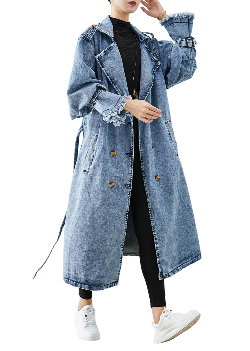 Dame Trench Coat med Dobbel Knapp i Lys Blå 0