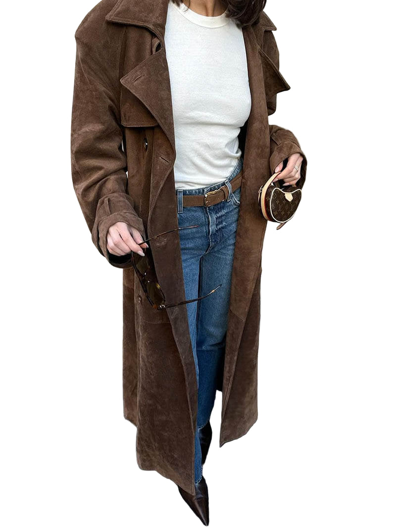 Dame Trenchcoat Suède Look Midi Med Belte 0