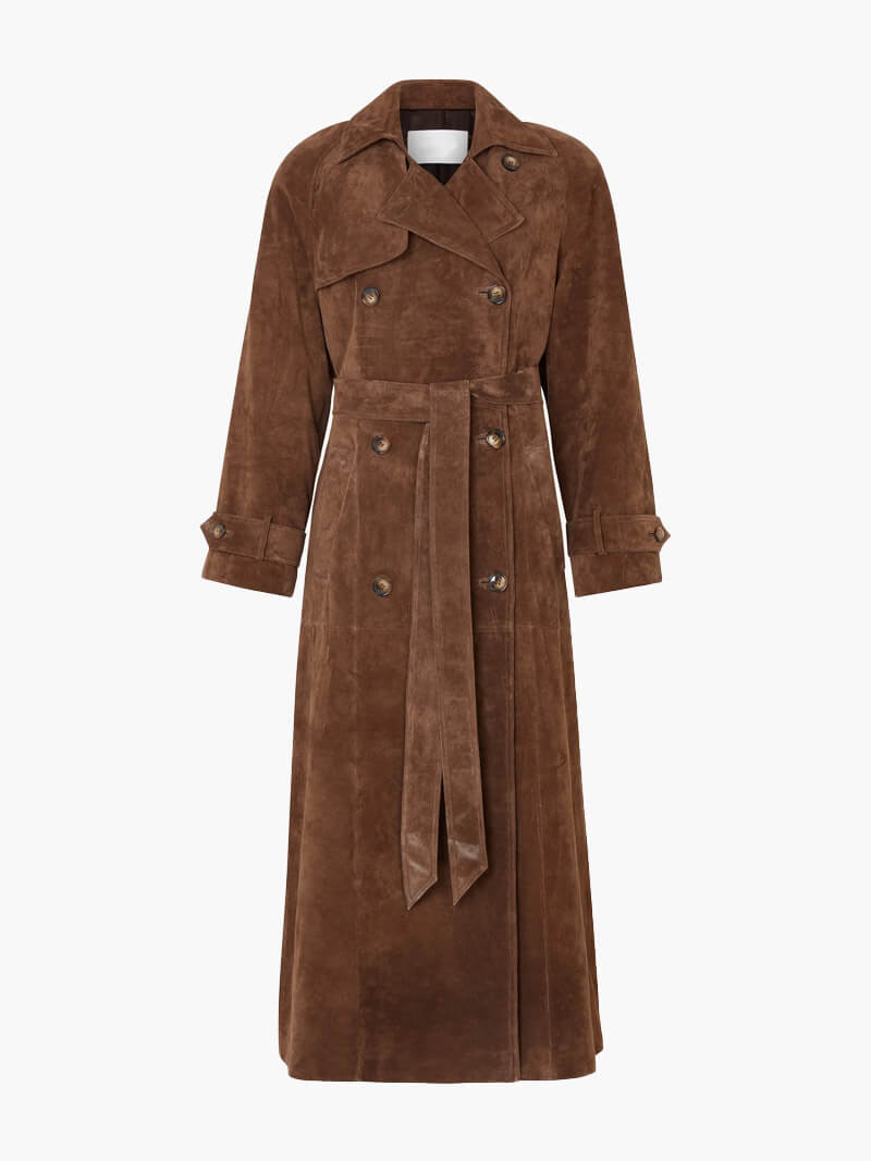 Dame Trenchcoat Suède Look Midi Med Belte 6
