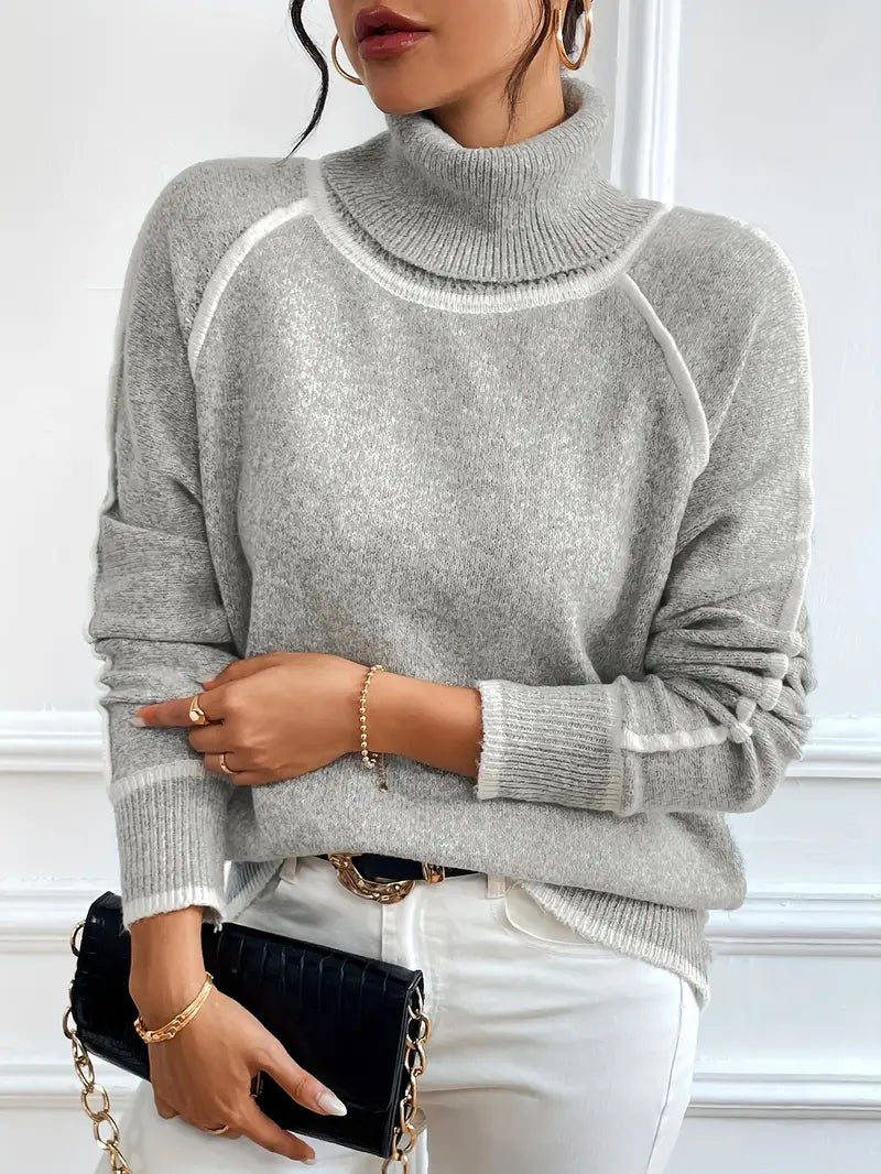 Dame Turtle Neck Genser med Kontrastdetaljer 4