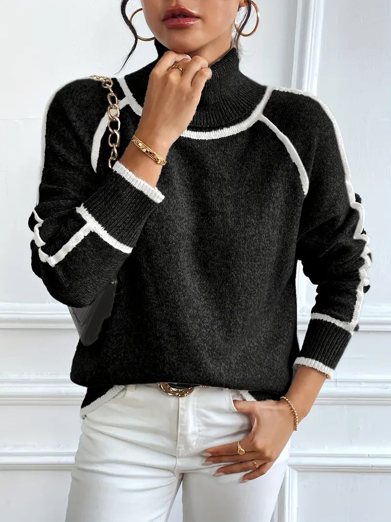 Dame Turtle Neck Genser med Kontrastdetaljer 6