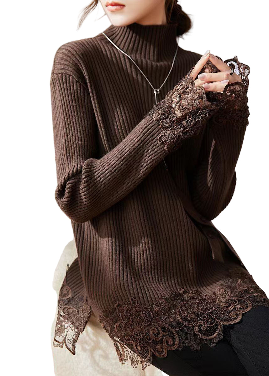 Dame Turtleneck Genser med Blonder og Patchwork 0