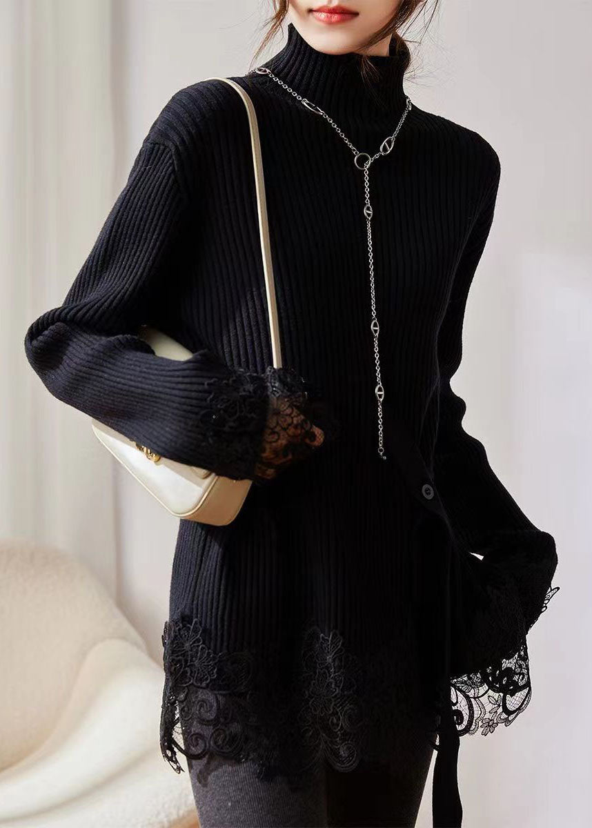 Dame Turtleneck Genser med Blonder og Patchwork 3