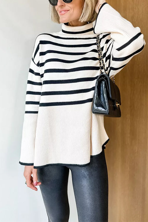 Dame Turtleneck Genser med Sidedelt Design Moderne Stripet 1