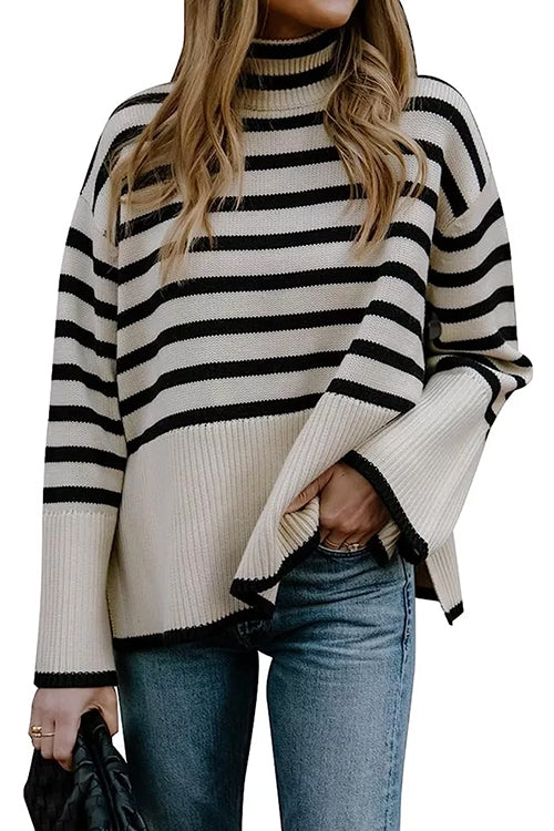 Dame Turtleneck Genser med Sidedelt Design Moderne Stripet 2