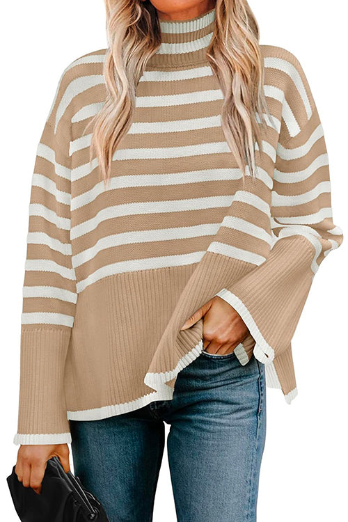 Dame Turtleneck Genser med Sidedelt Design Moderne Stripet 3