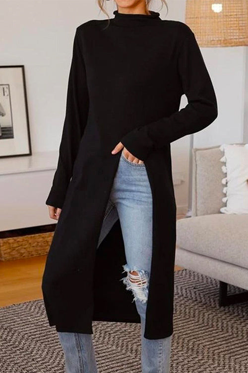 Dame Turtleneck Langermet Kjole med Høy Splitt 3