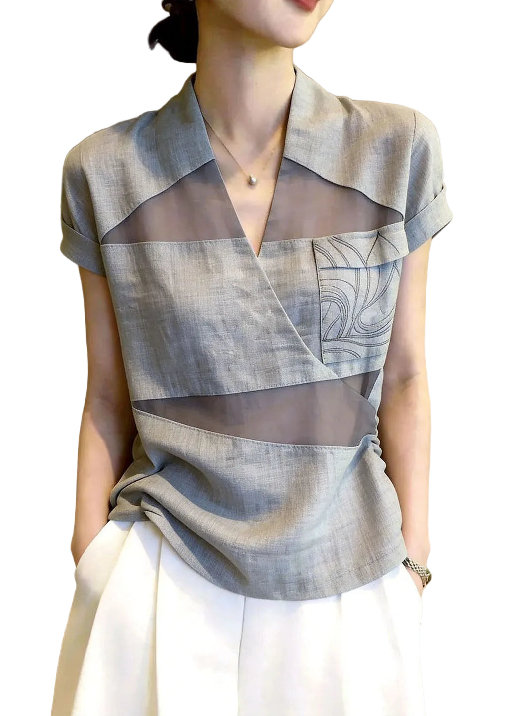 Dame Tyllskjorte V-hals Patchwork Casual 0